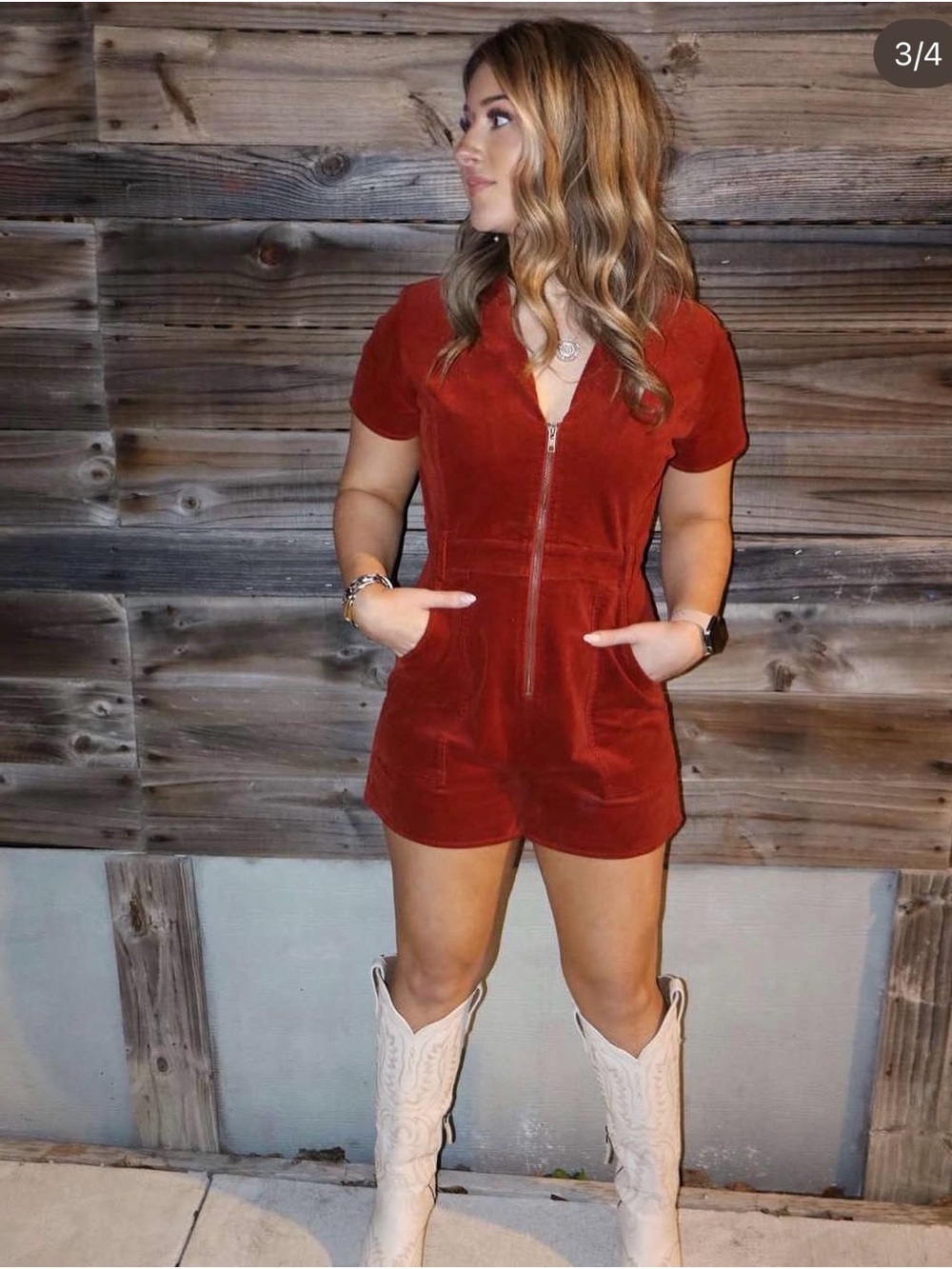 Short Sleeve Rust Red Romper with Front Zip